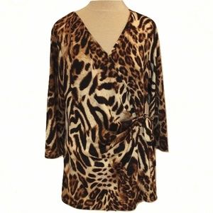 Clientele Animal Print Stretch Faux Wrap 3/4 Sleeve Top- Sz. Lrg